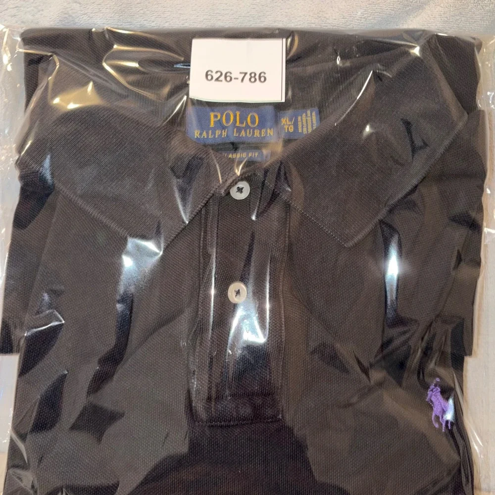 Polo Ralph Lauren Mens XL Classic Fit Black Polo Shirt Purple Pony Logo Pique